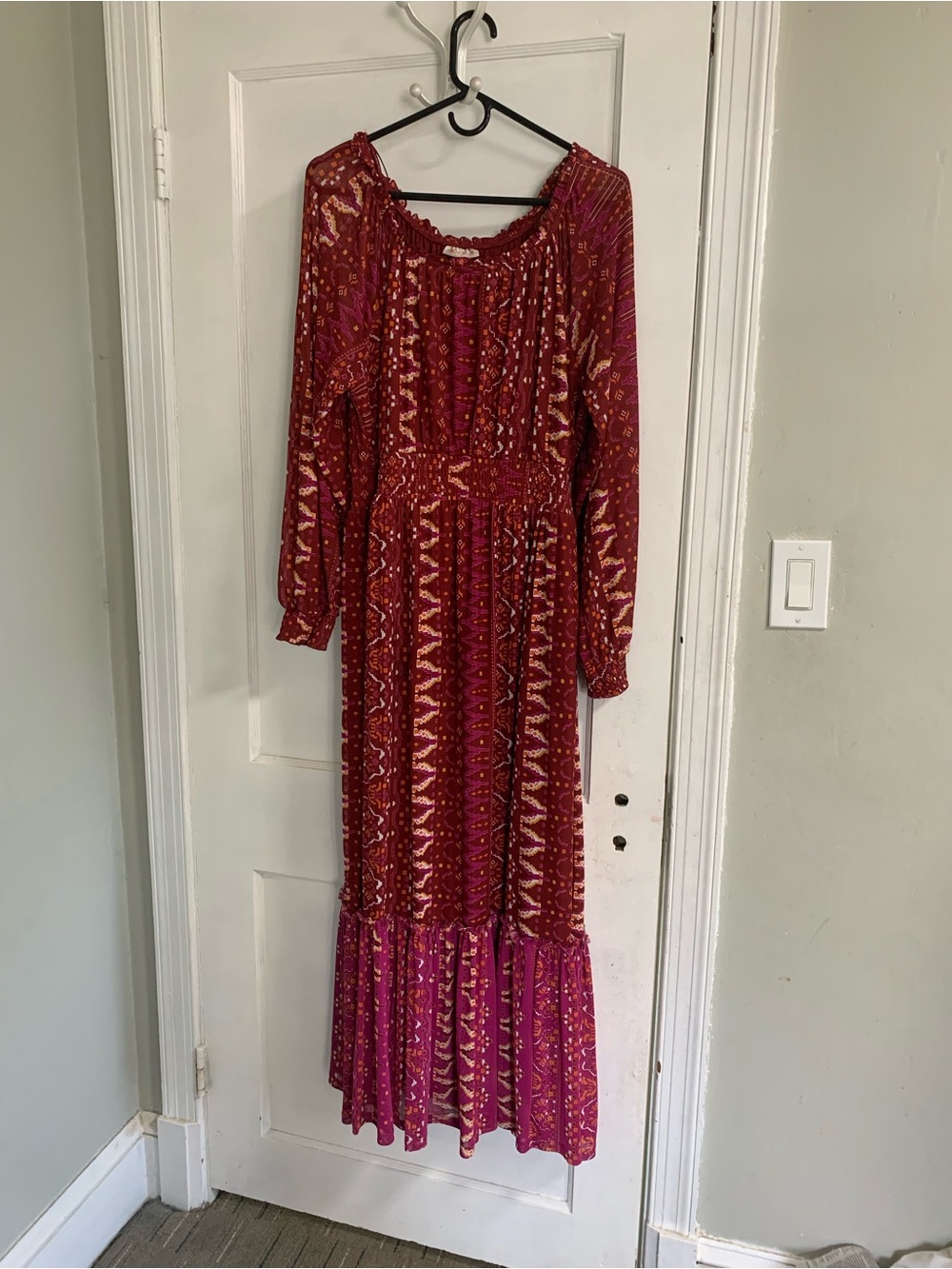 Knox Rose Dress Womens Large Red Pink Boho Maxi Long Sleeve Ethnic Print Lined